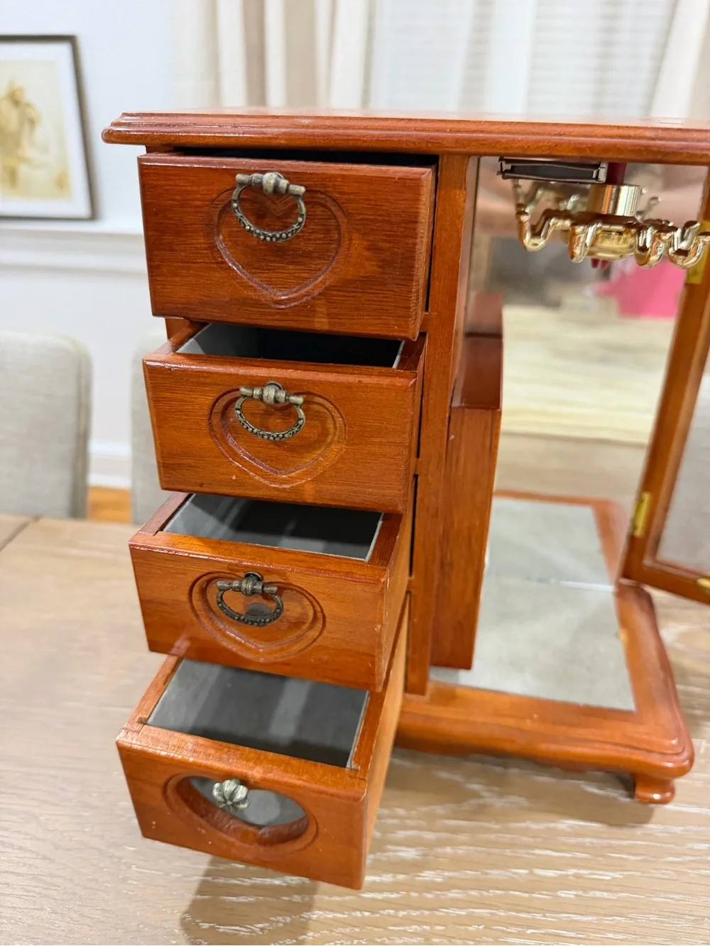 Vintage Wooden Jewelry Box With Heart Motif Glass Door and Velvet Storage drawer